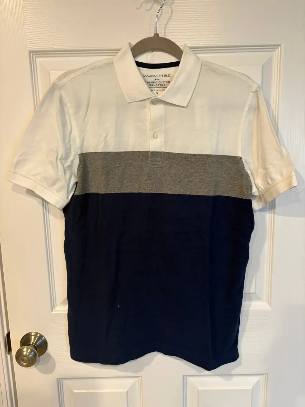 Banana Republic Organic Cotton Pique Polo Colorblock White Gray Blue Small